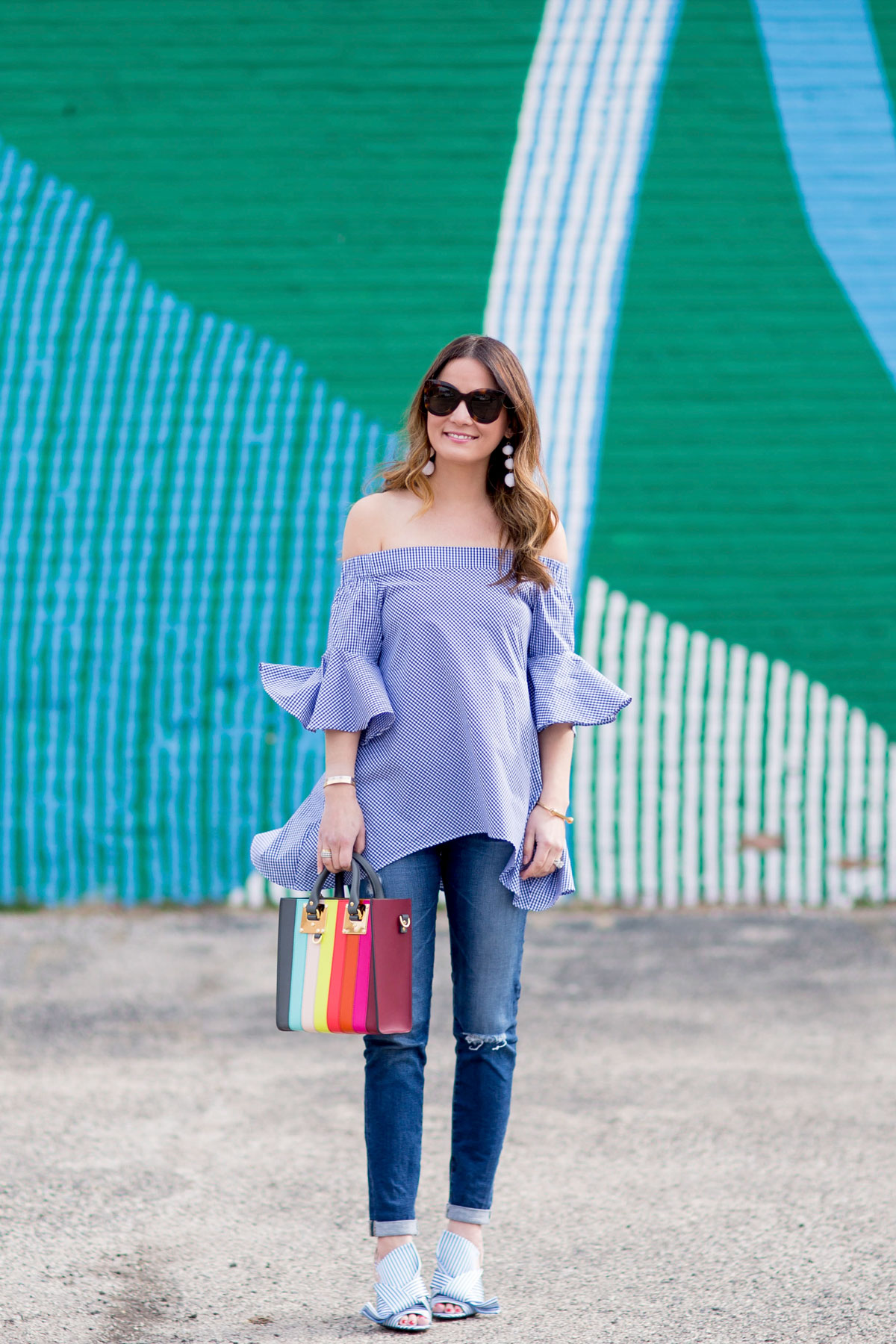 Gingham Off Shoulder Bell Sleeve Top