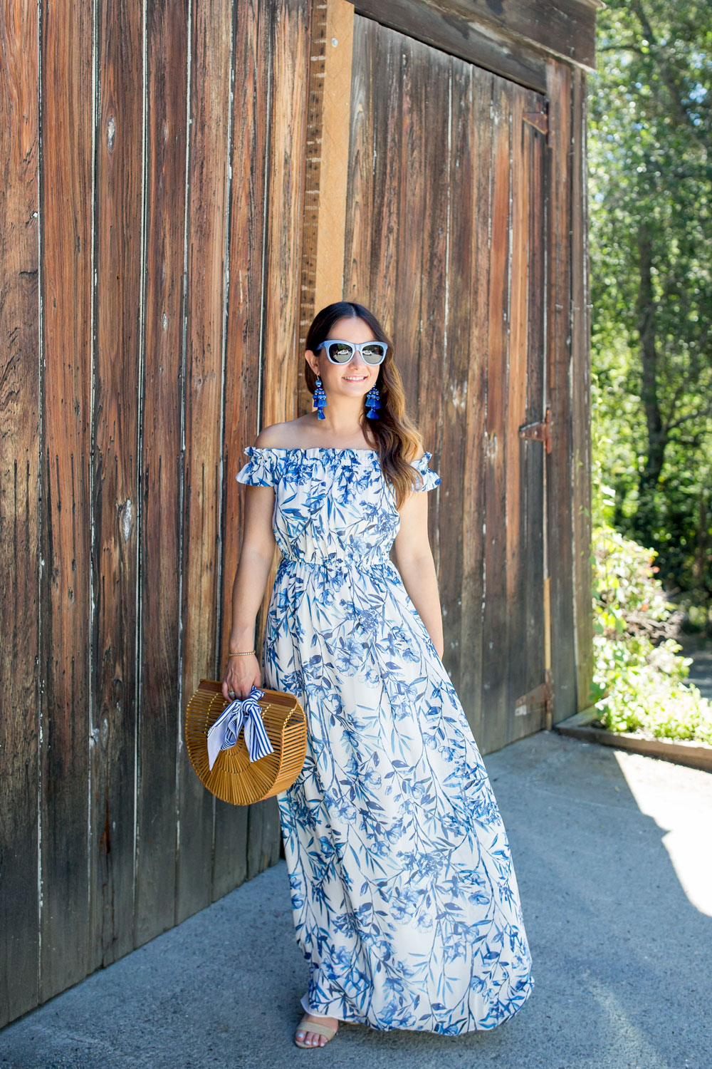 Blue Floral Off Shoulder Maxi Dress