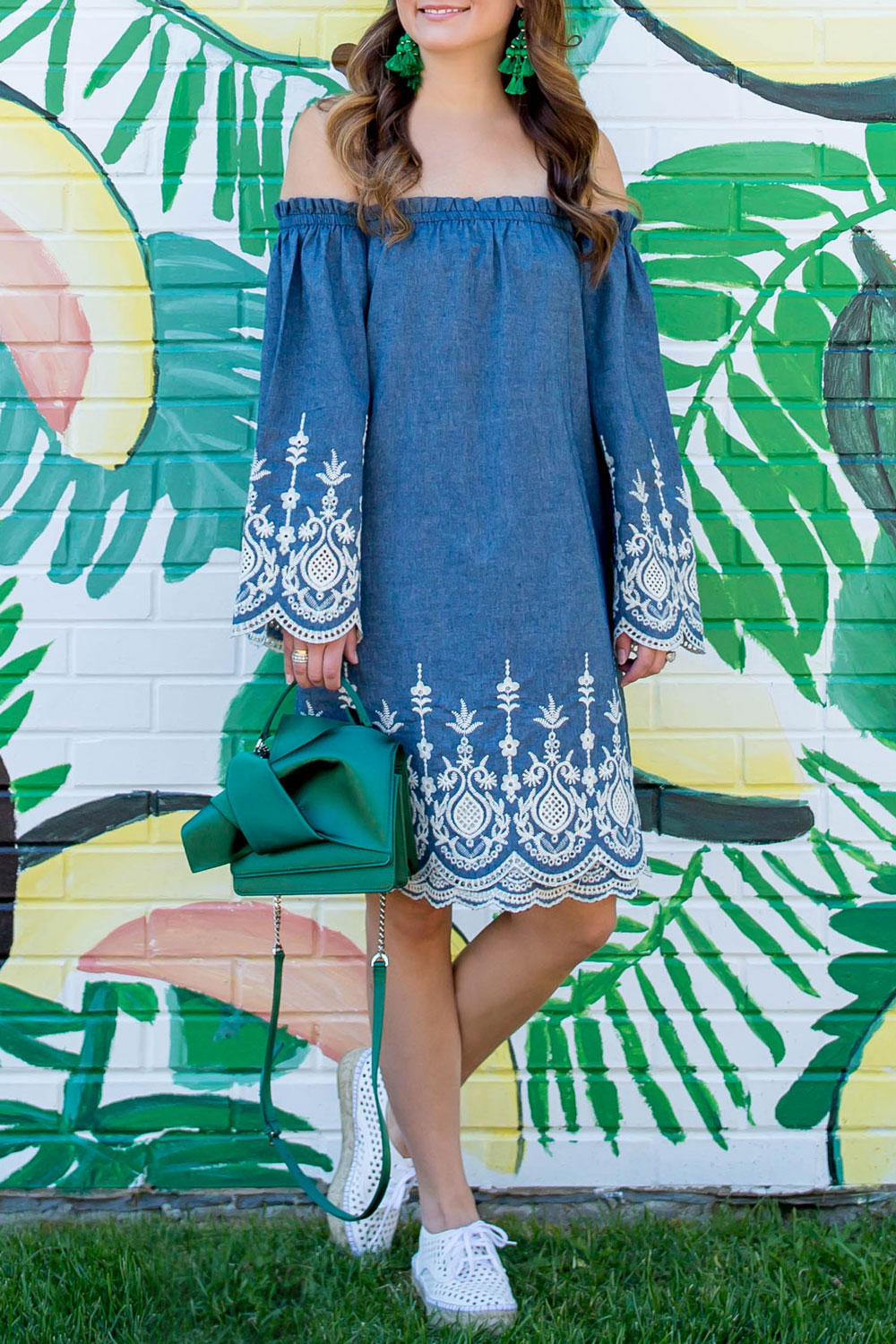Chambray Embroidered Off Shoulder Dress