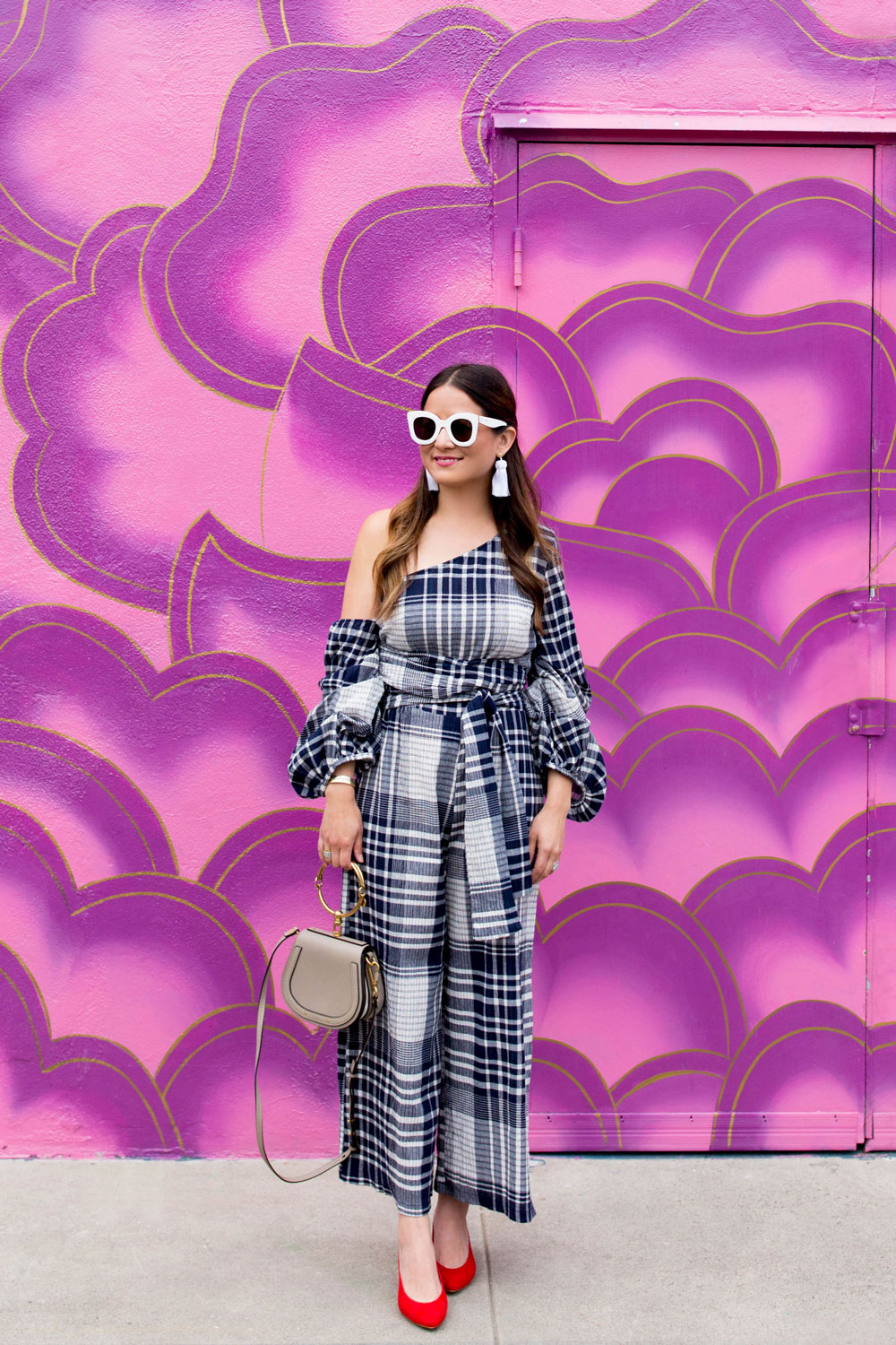 One Shoulder Statement Sleeve Plaid Jumpsuit