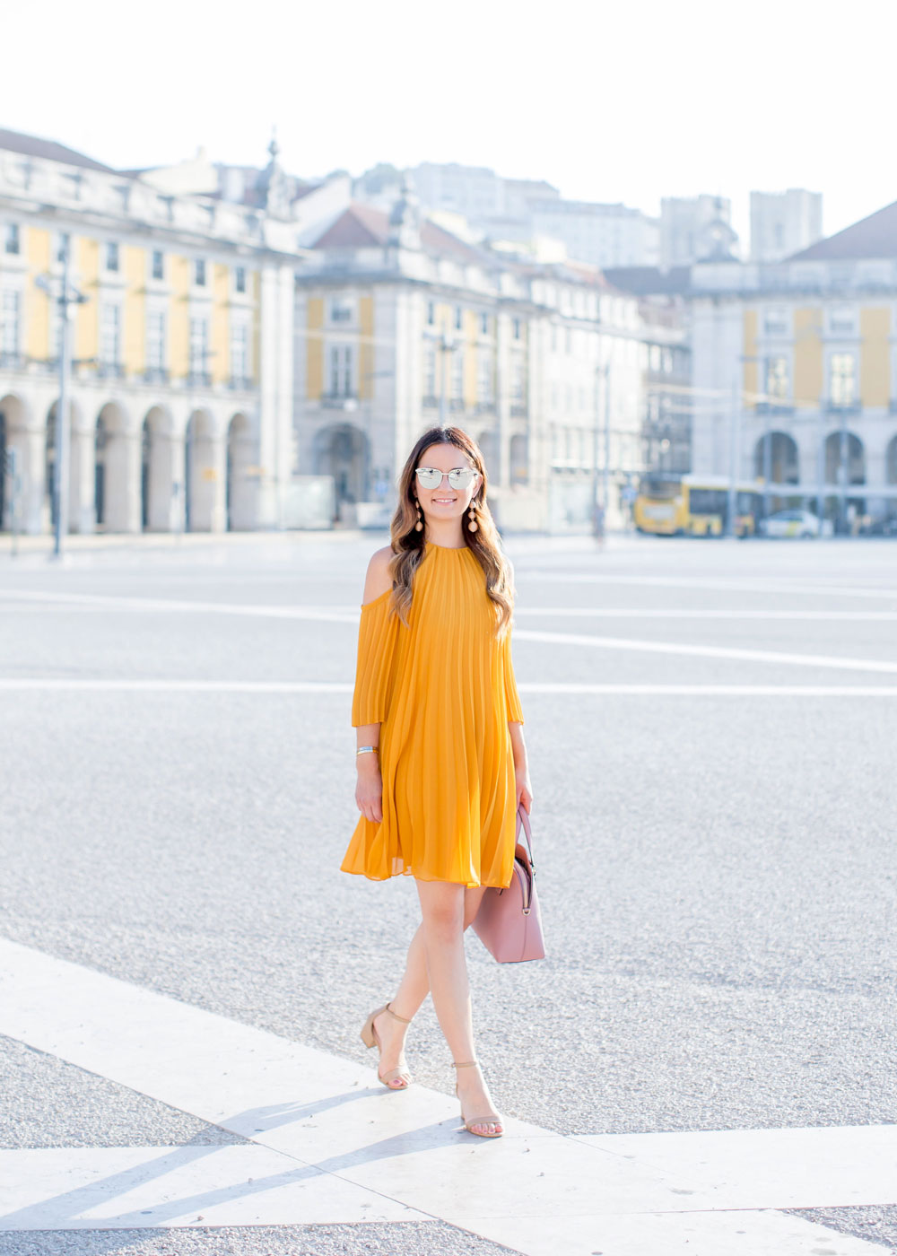 BB Dakota Yellow Pleated Cold Shoulder Dress