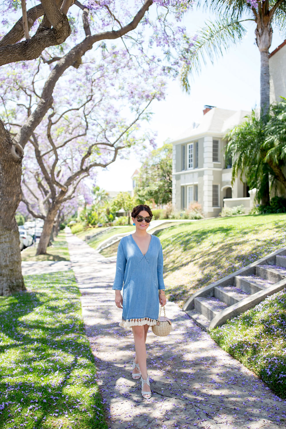 Chambray Tassel Trim Tunic Dress