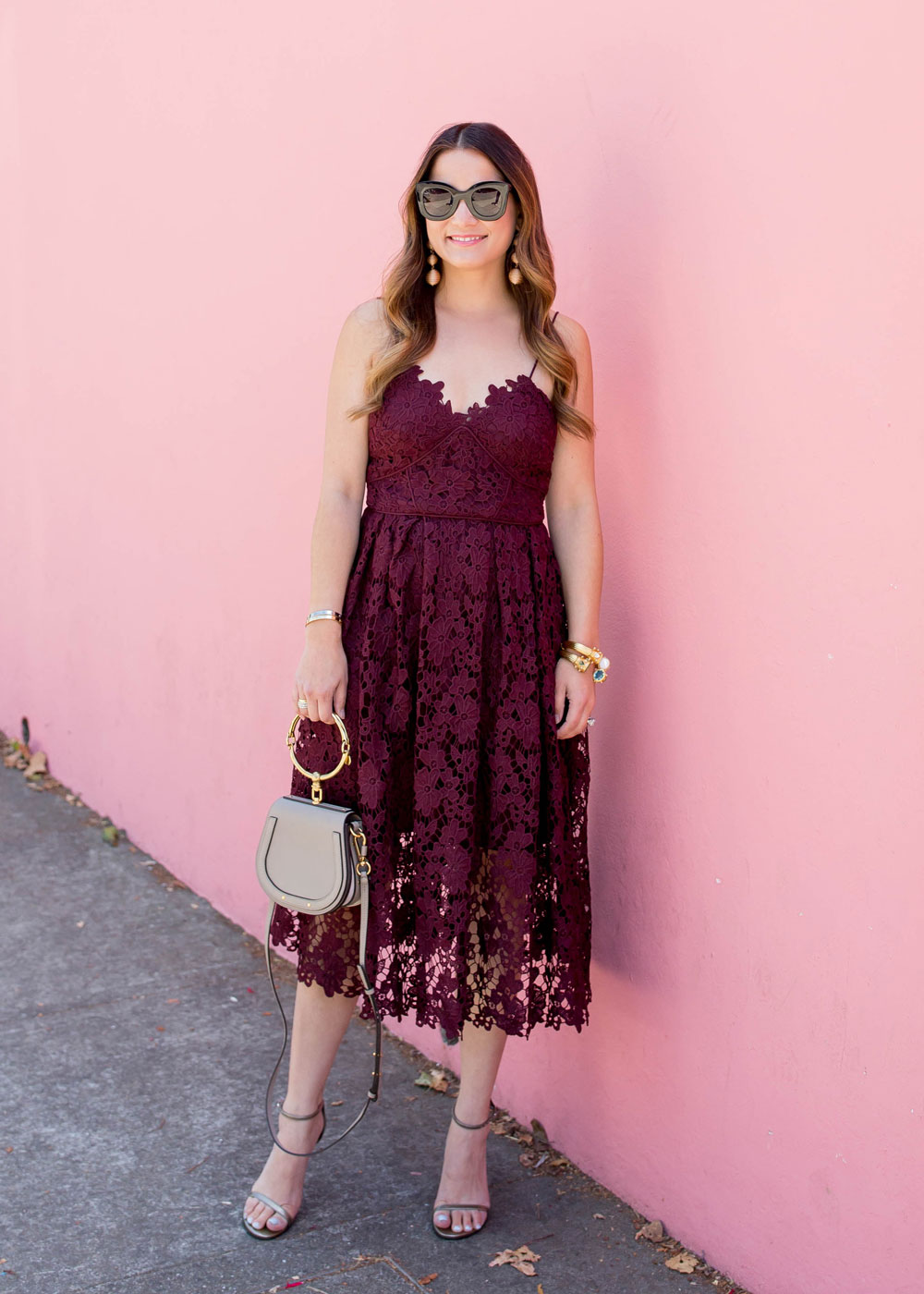 Jennifer Lake Burgundy Lace Midi Dress