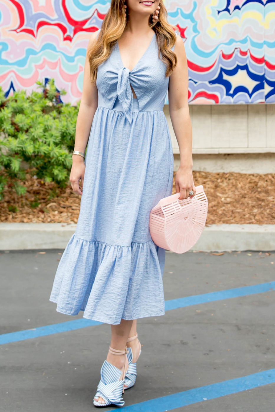 Shoshanna Tie Front Dress Styled With a Cult Gaia Pink Bag