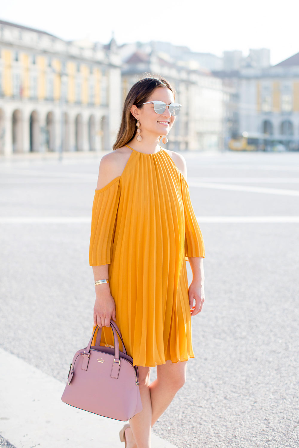 Yellow Pleated Cold Shoulder Dress