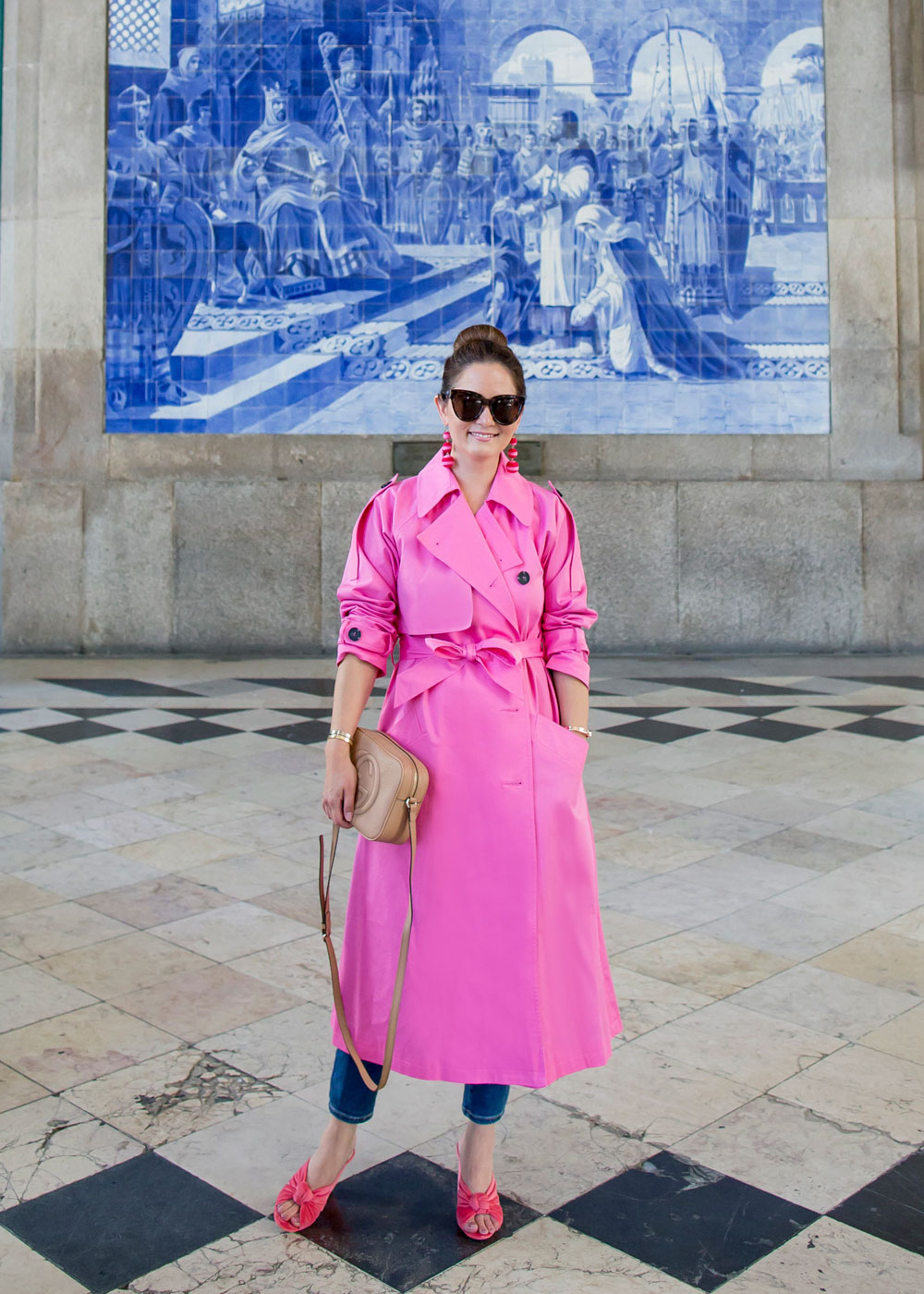 ASOS Bright Pink Trench Coat at the Porto Train Station
