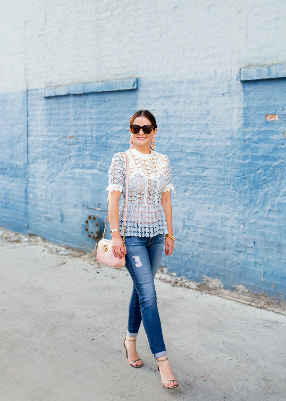 Self-Portrait Blue Lace Peplum Top and Pink Gucci Bag