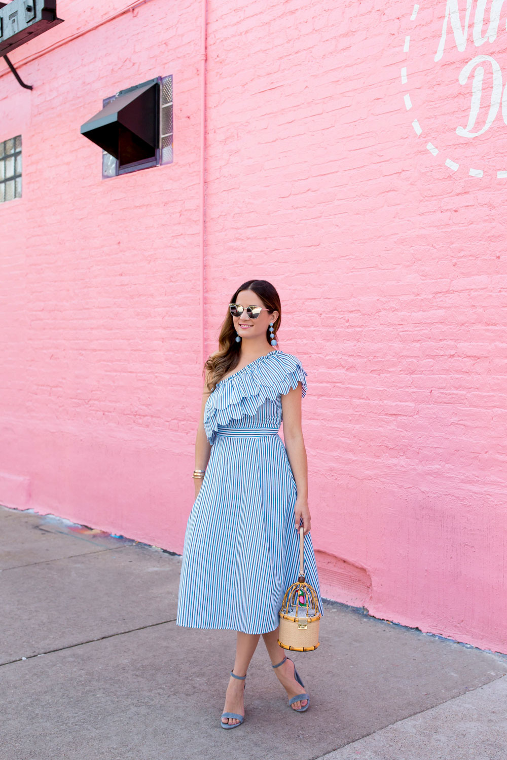 Blue Stripe One Shoulder Ruffle Dress