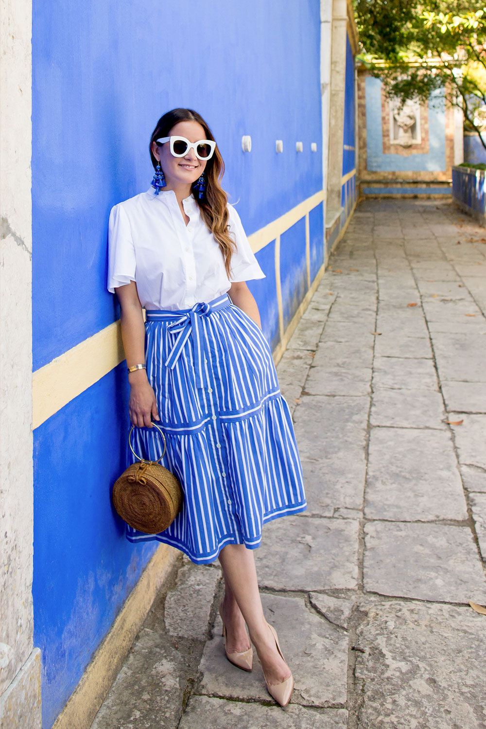 Blue White Stripe Midi Skirt