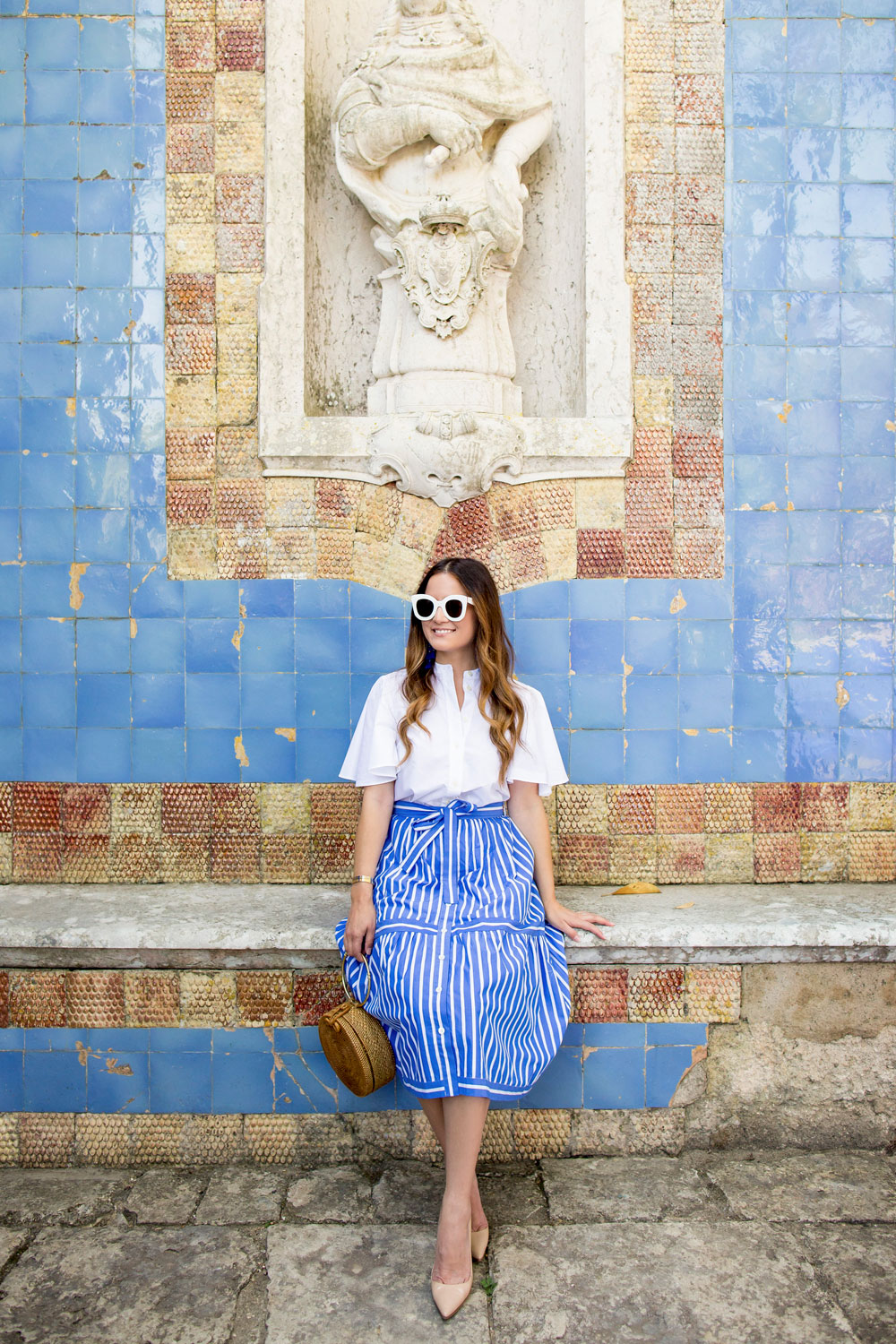 J Crew Blue Stripe Midi Skirt