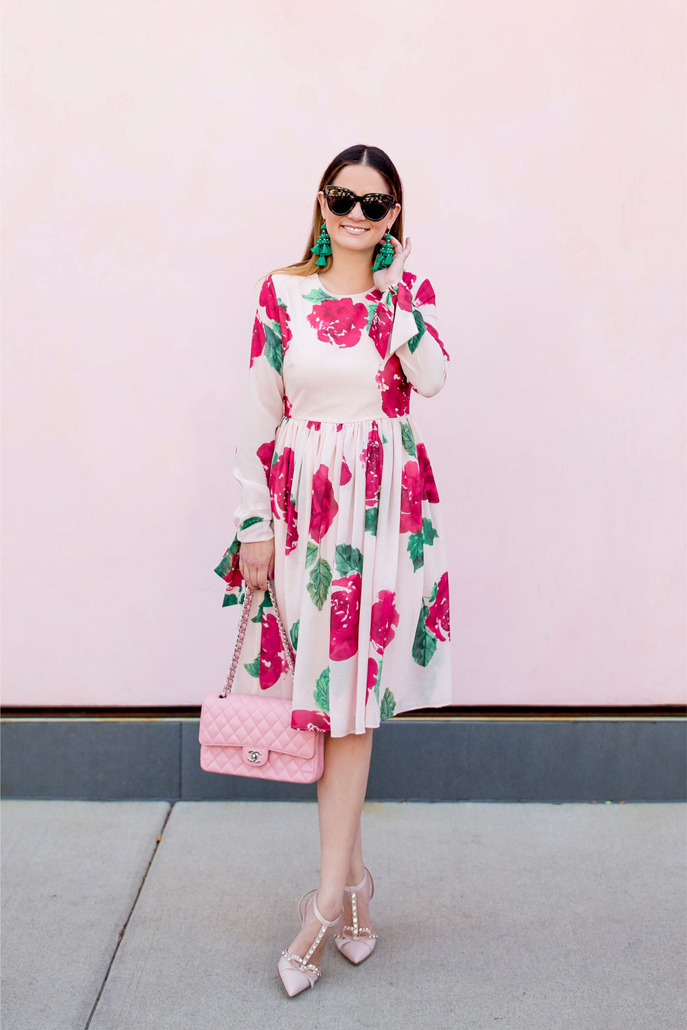 Long Sleeve Rose Print Fit Flare Dress