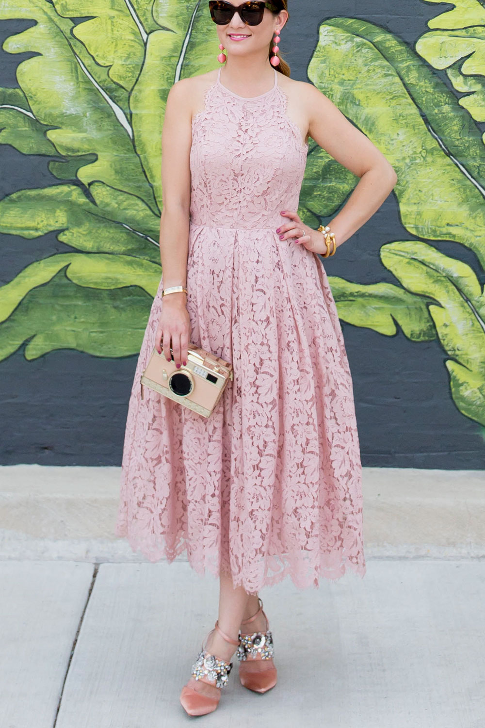 Pink Lace Halter Midi Dress