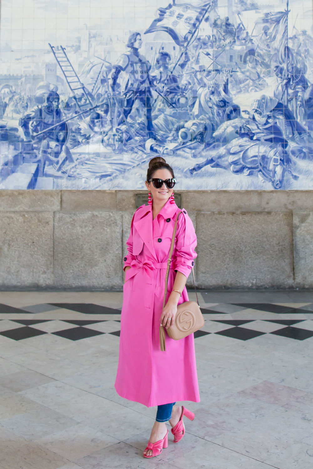 Womens Long Bright Pink Trench Coat