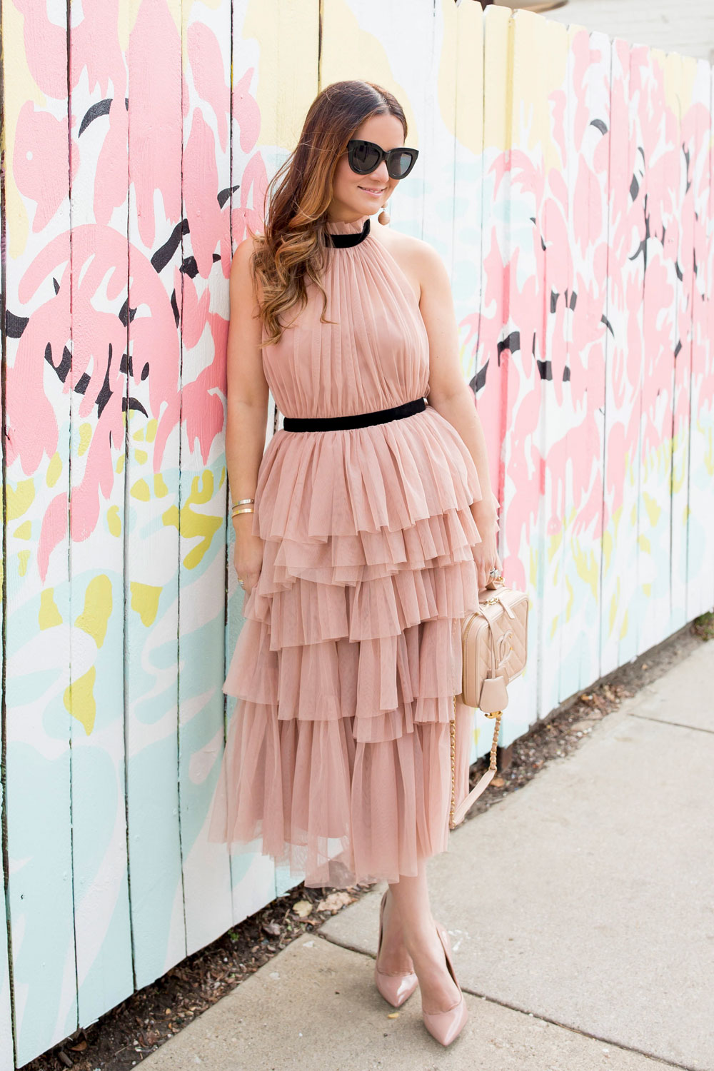 Blush Tulle Ruffle Midi Dress and Chanel Filigree Vanity Case Bag