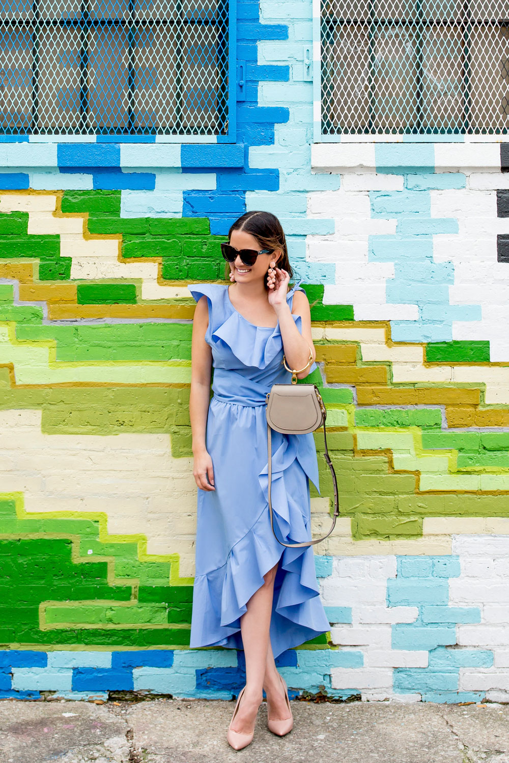 Blue Ruffle Trim Midi Dress