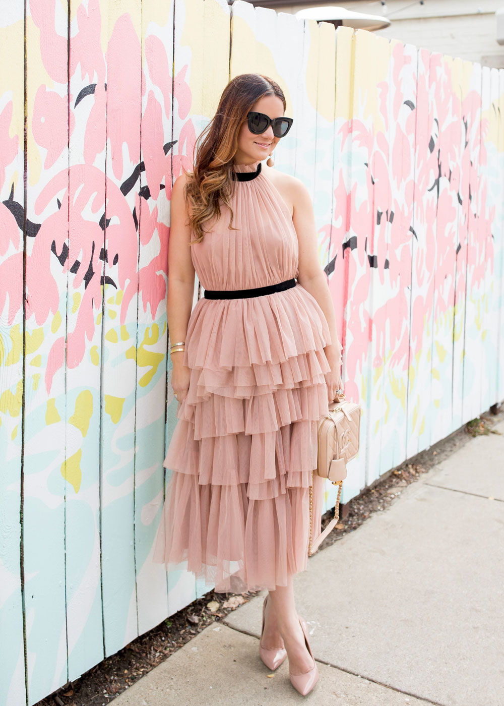 pink tulle midi dress