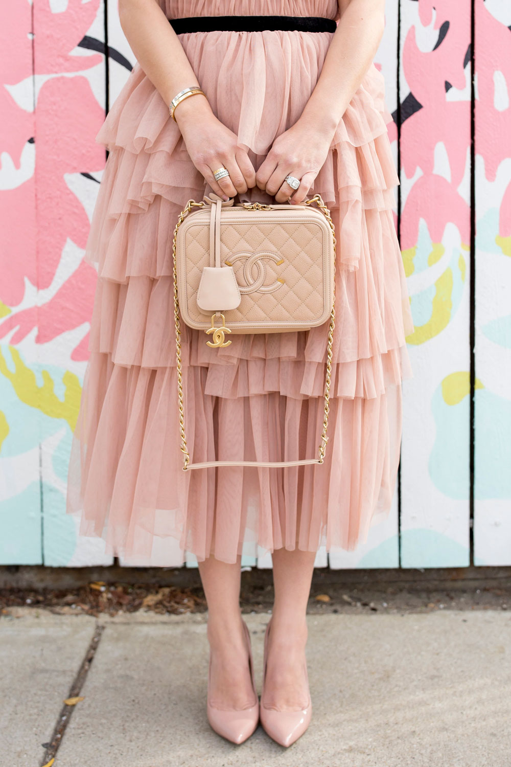 Blush Tulle Ruffle Midi Dress and Chanel Filigree Vanity Case Bag