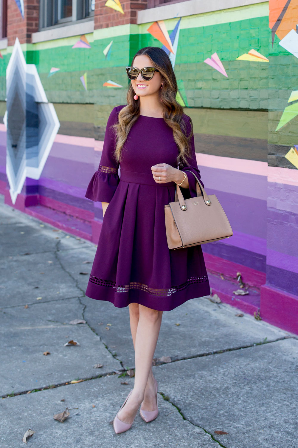 Eliza J Burgundy Bell Sleeve Fit and Flare Dress