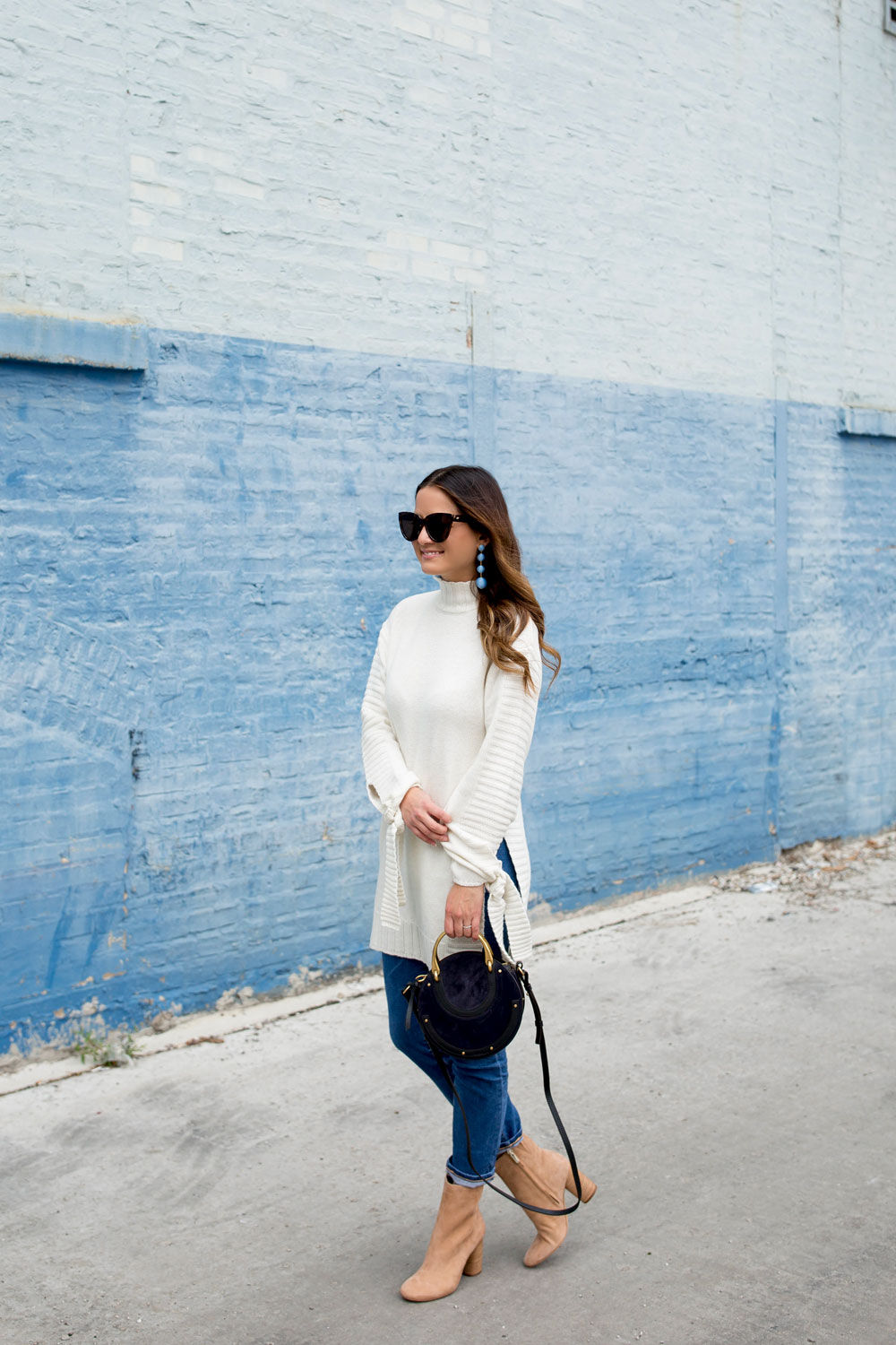 Ivory Turtleneck Tie-Sleeve Tunic Sweater