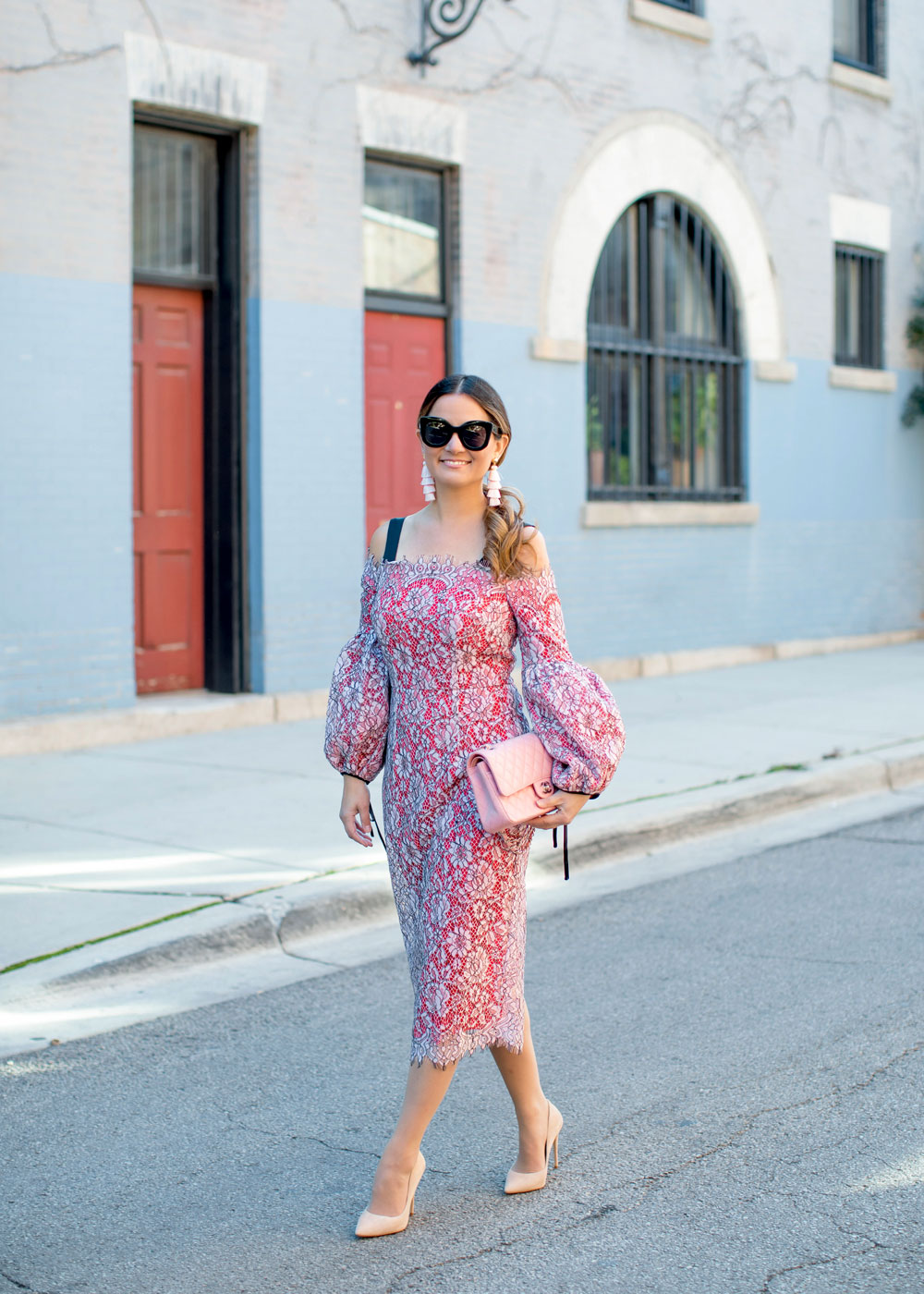 Pink Lace Balloon Sleeve Midi Dress and Pink Chanel Bag