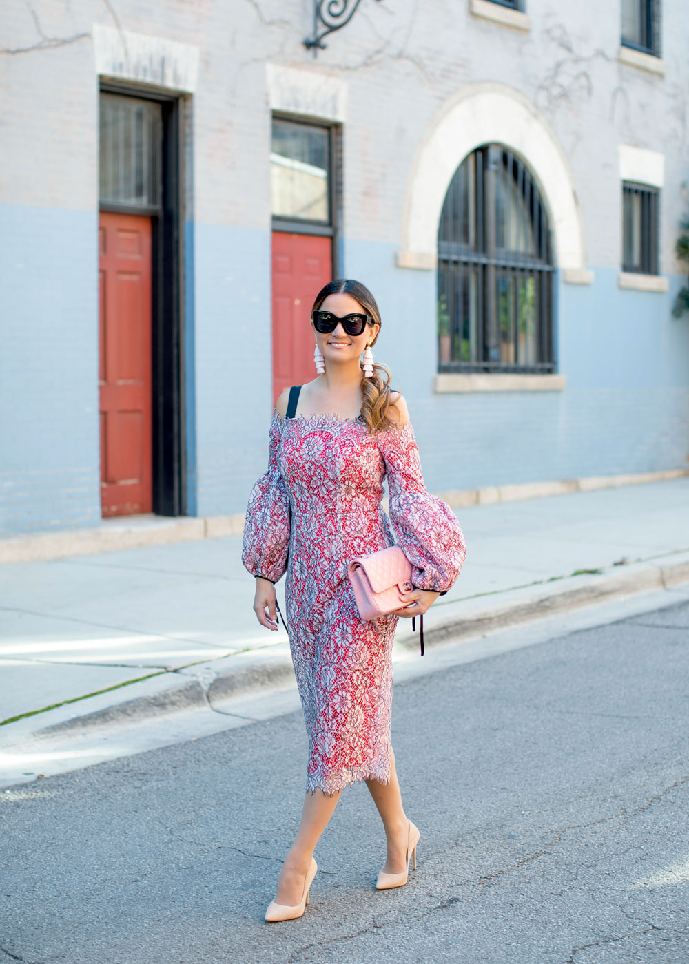 Jennifer Lake Pink Lace Statement Sleeve Dress