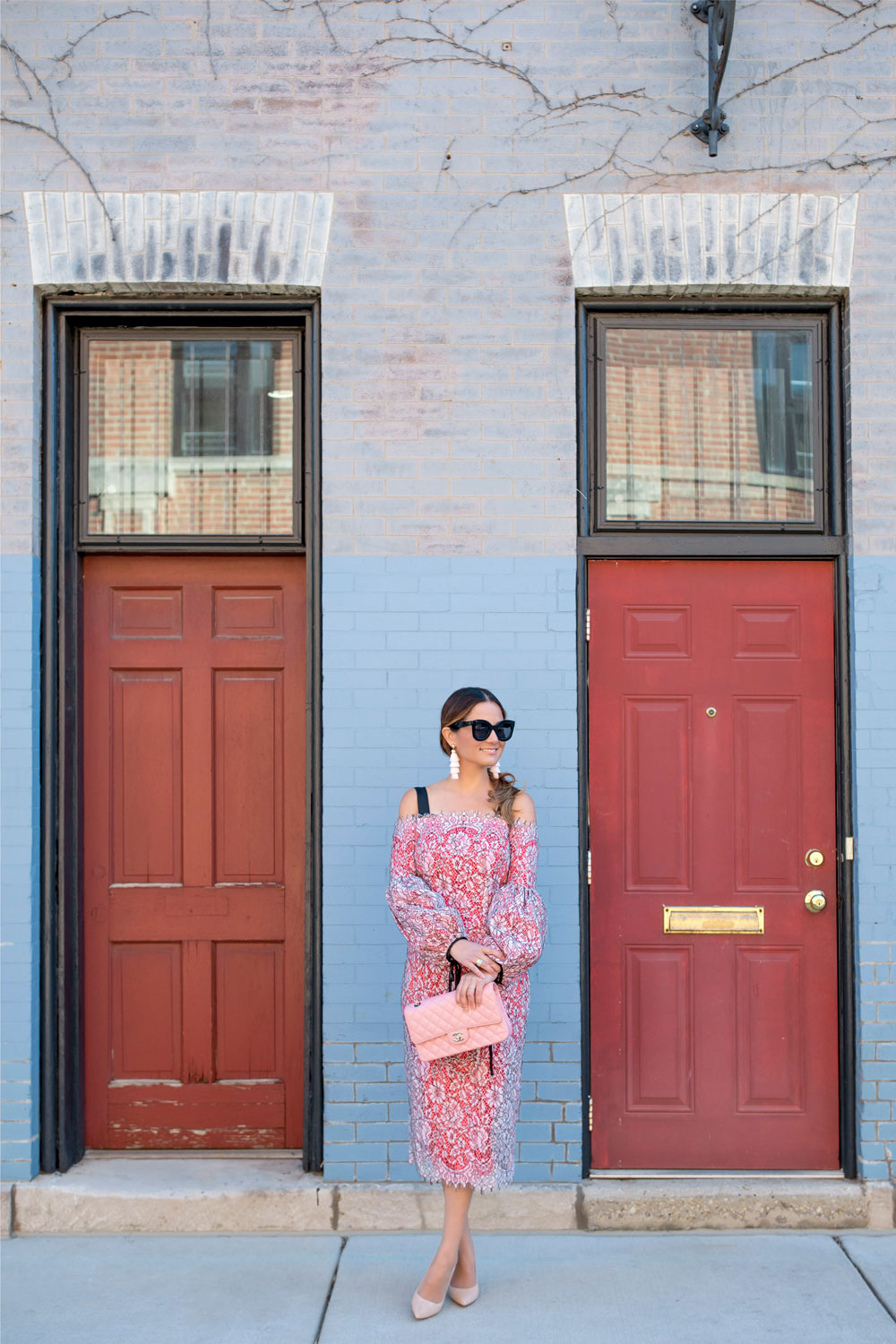 Jennifer Lake Pink Lace Midi Dress