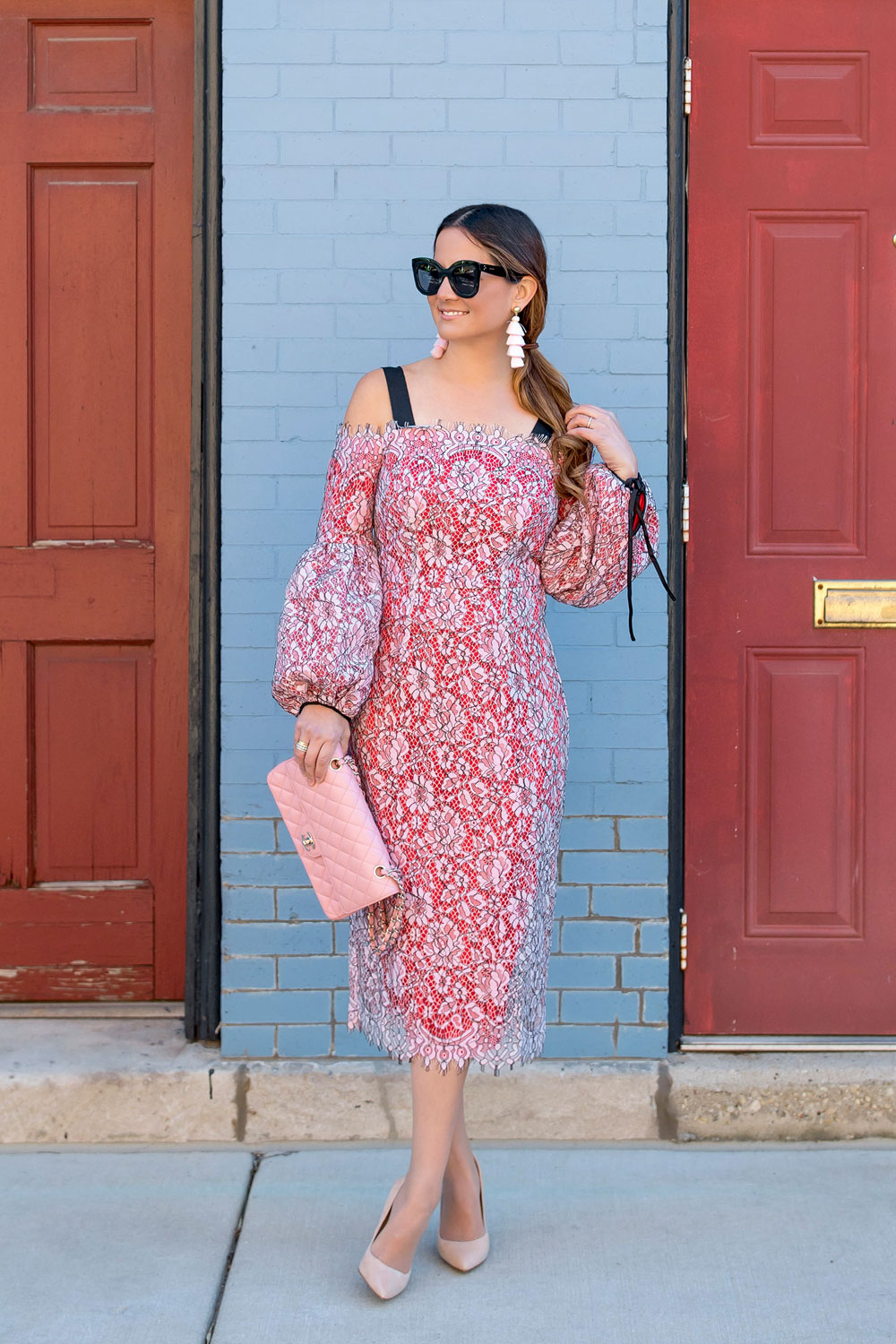 Pink Lace Balloon Sleeve Midi Dress and Pink Chanel Bag