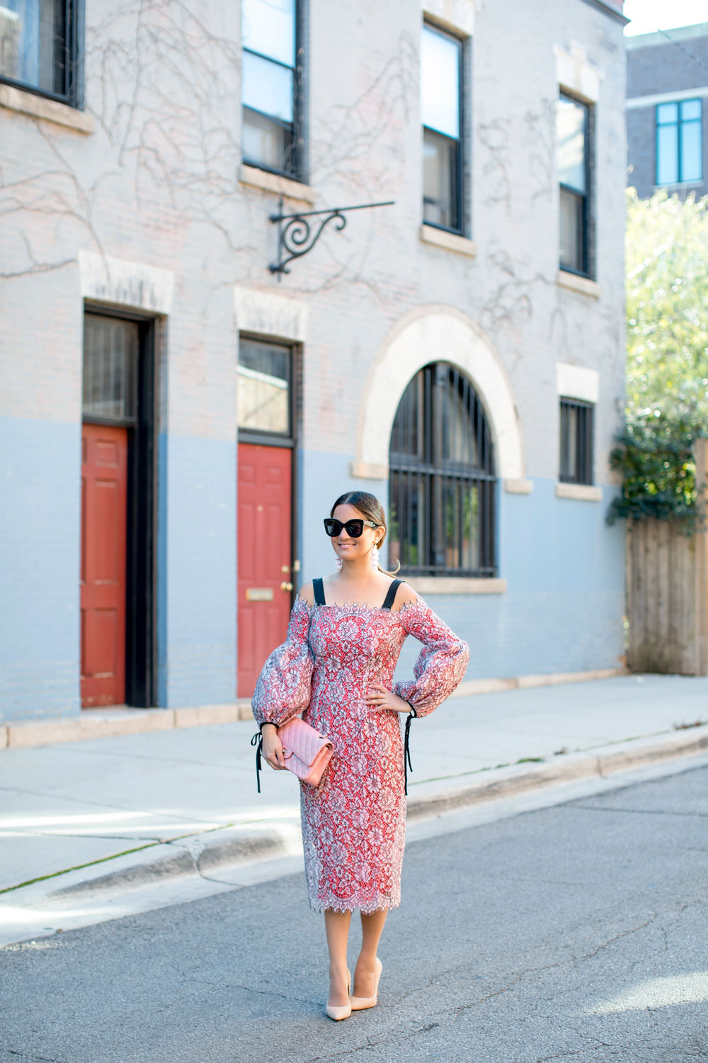 Pink Lace Balloon Sleeve Midi Dress