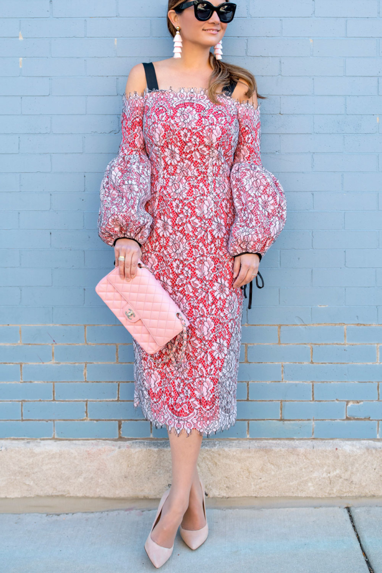Pink Lace Balloon Sleeve Midi Dress and Pink Chanel Bag
