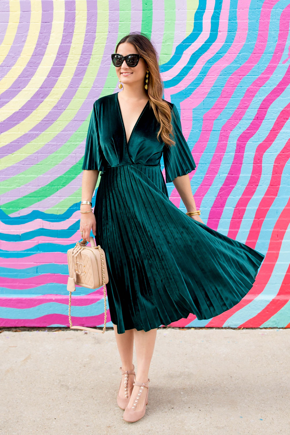 asos green velvet pleated dress