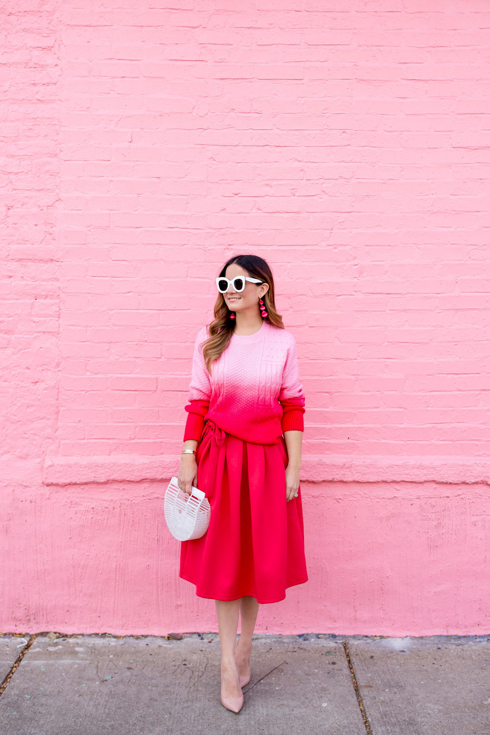 Red Pink Ombre Sweater and Red Midi Skirt | Style Charade