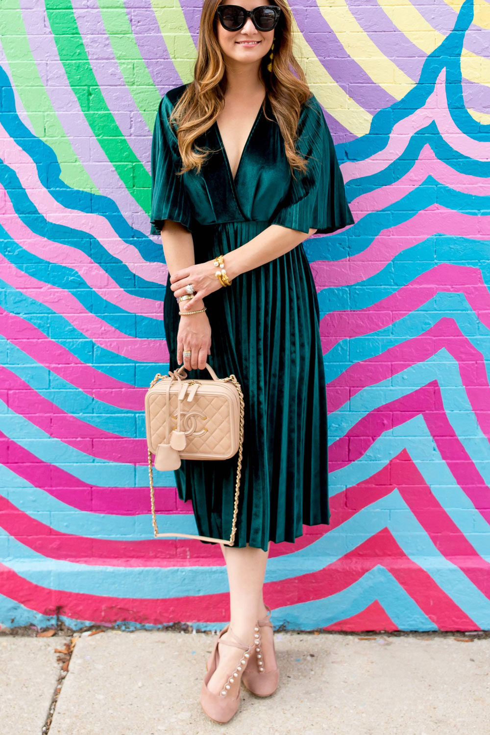 Green Velvet Pleated Dress