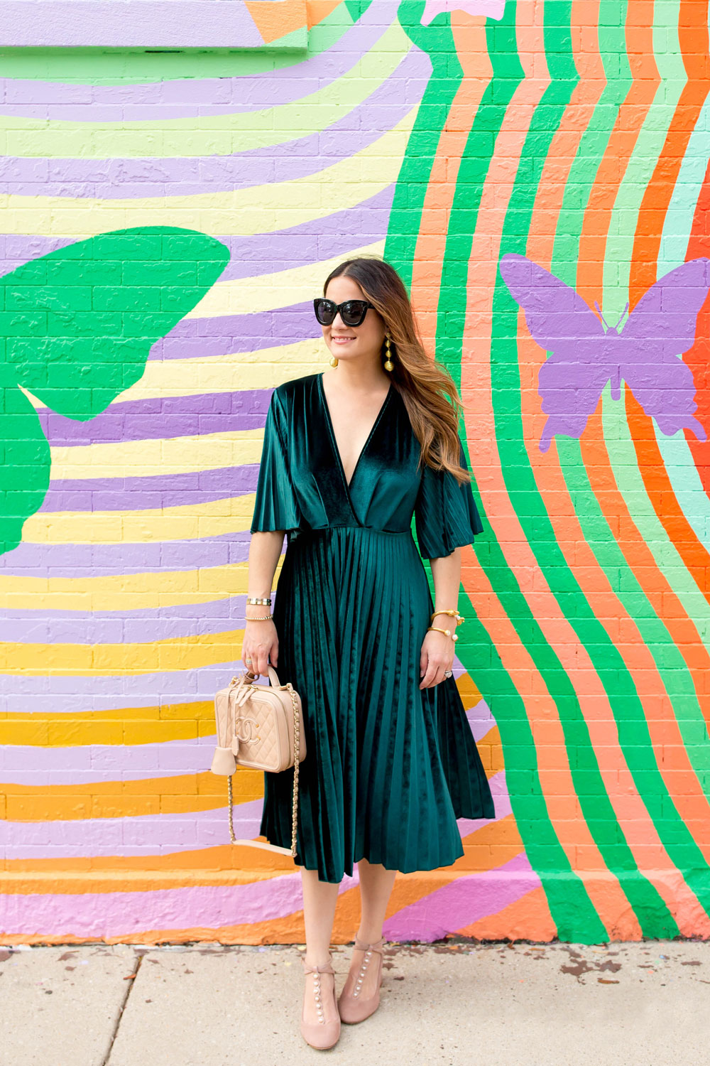 Green Velvet Pleated Wrap Dress