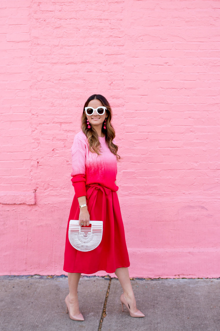 Red Pink Ombre Sweater and Red Midi Skirt | Style Charade