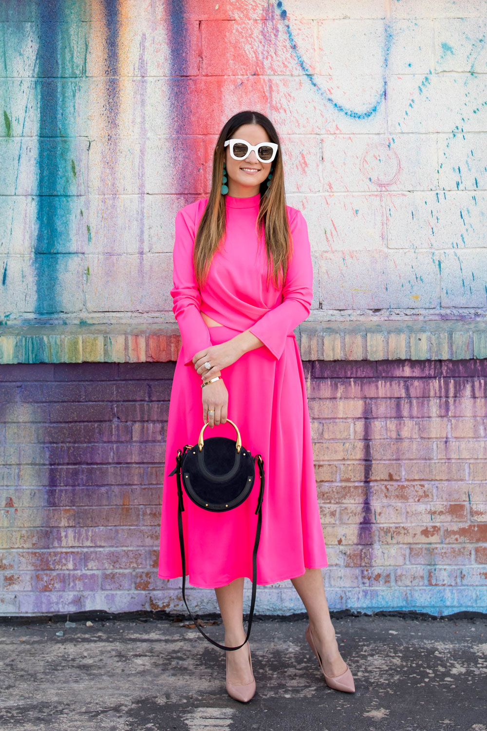 Bold Pink Long Sleeve Midi Dress