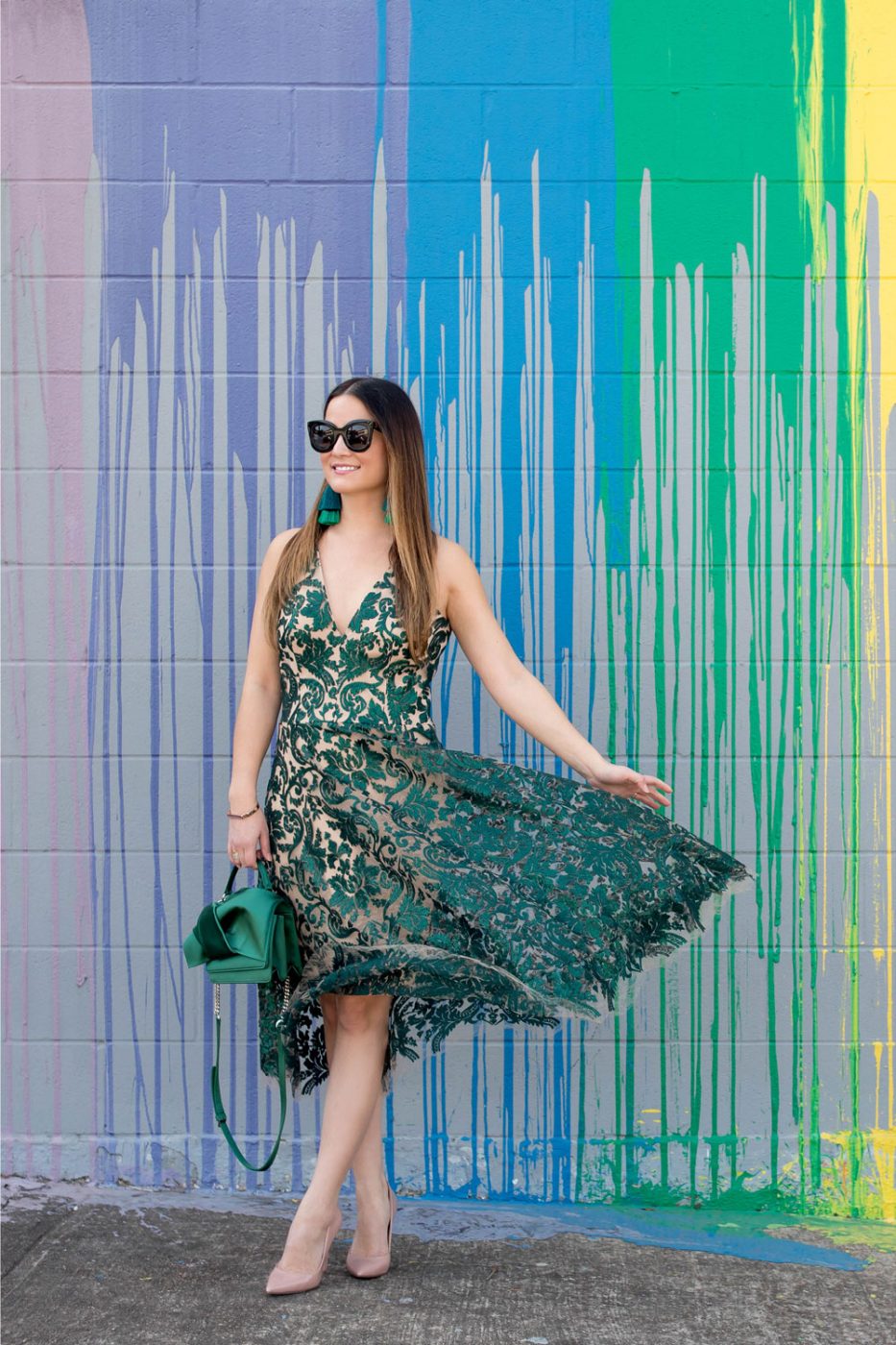 Green Sequin Lace Fit Flare Dress