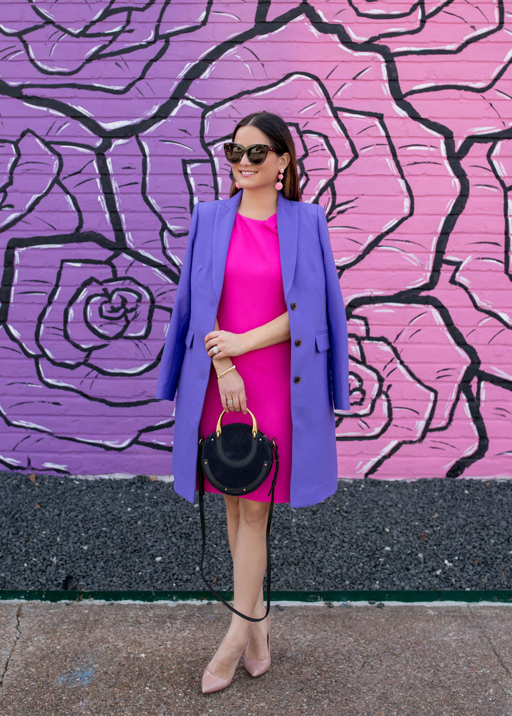 Pink Ruffle Sleeve Shift Dress and Purple Coat in Houston, Texas