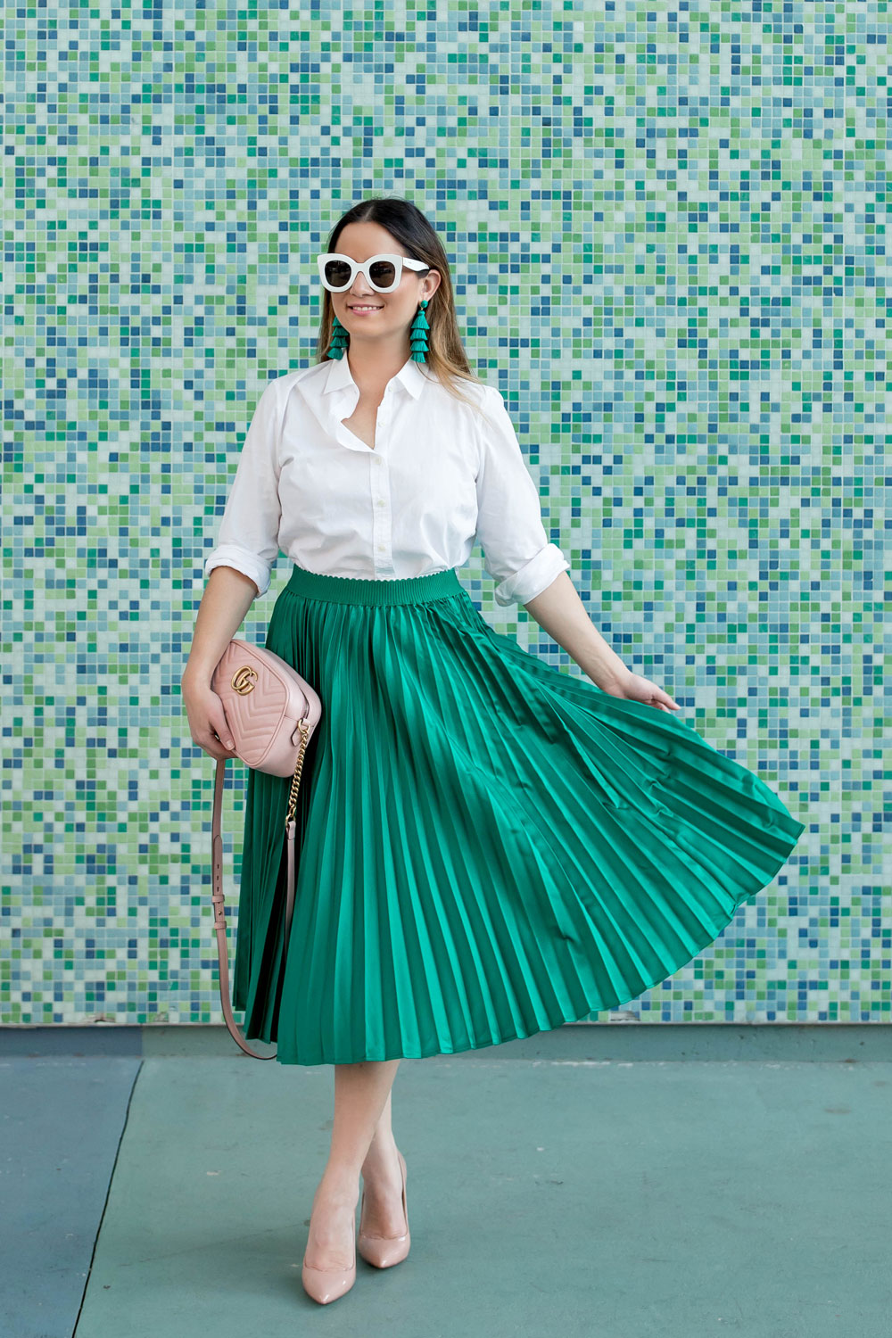 Green Satin Pleated Midi Skirt