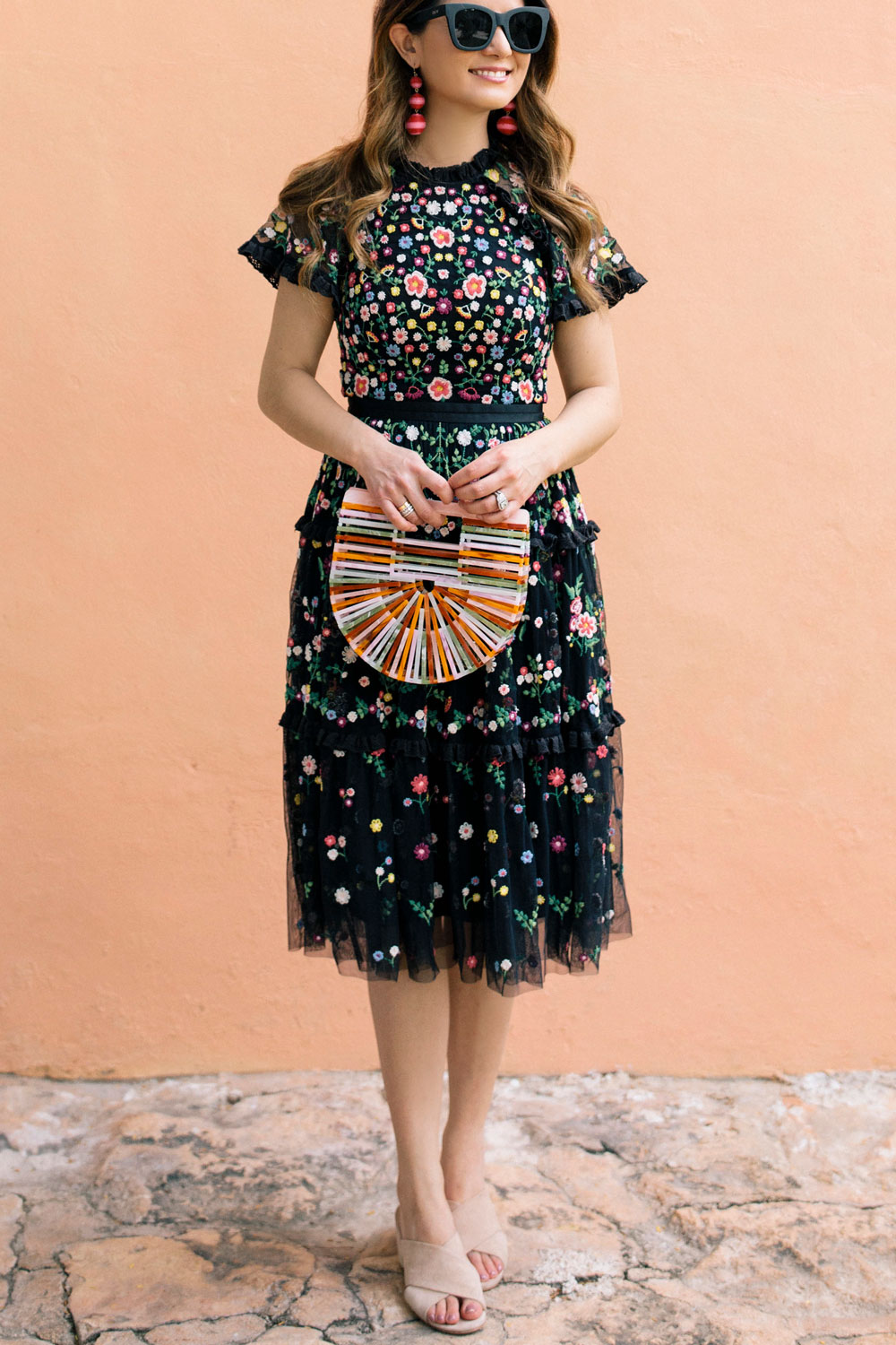 Black Multicolor Floral Embroidered Fit and Flare Dress