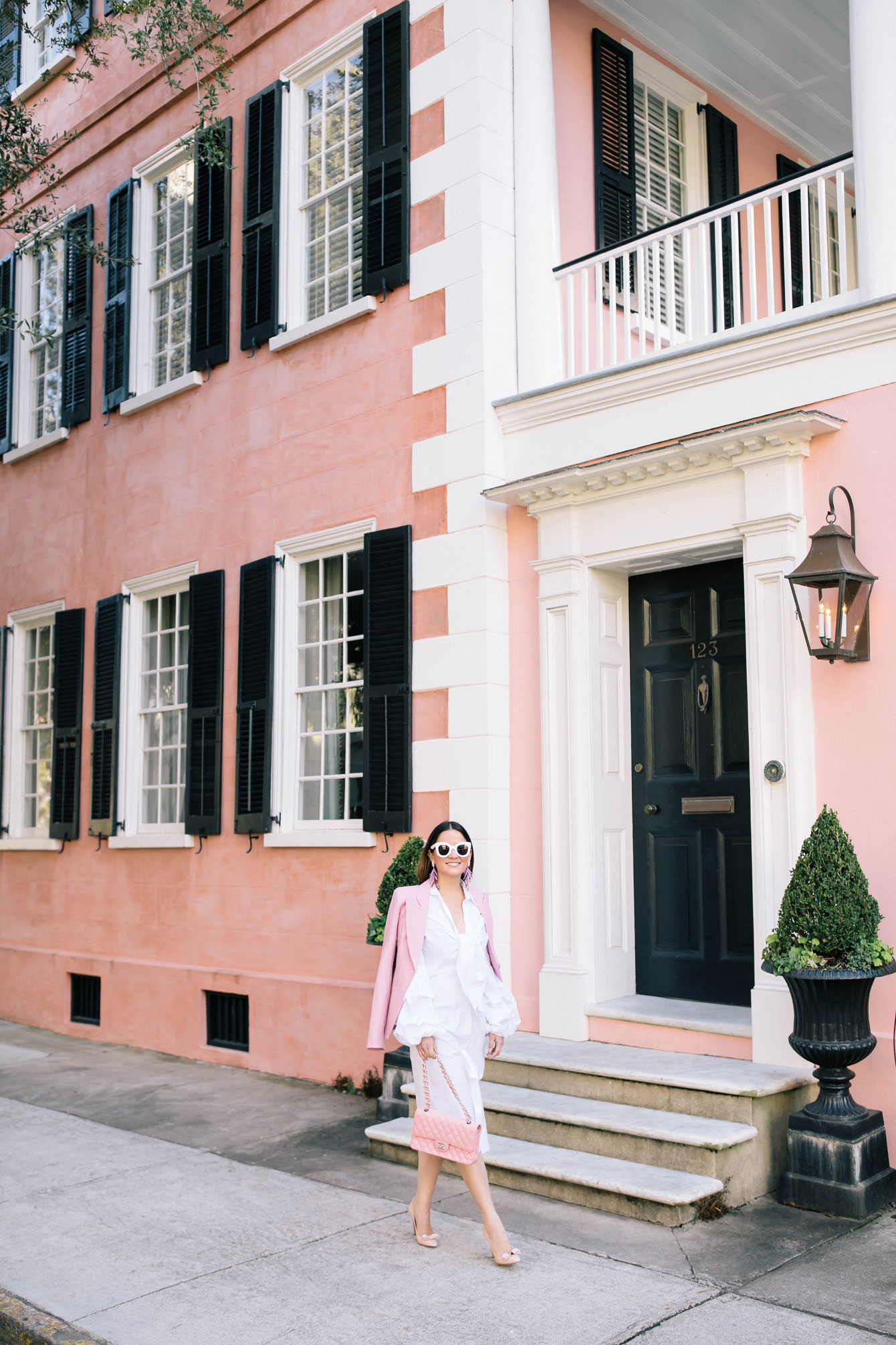 Charleston Pink Home Black Shutters