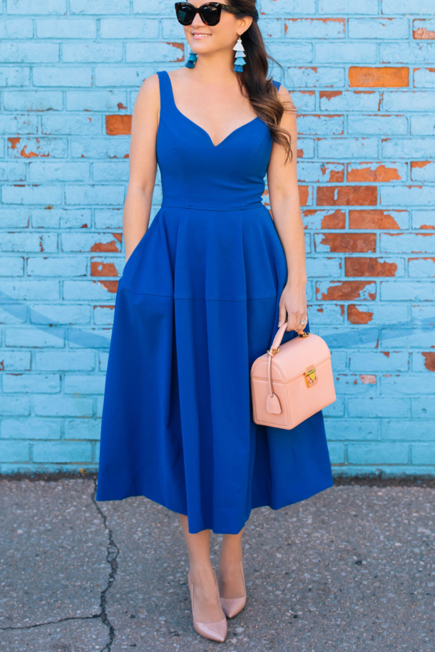 Cobalt Blue Fit and Flare Midi Dress at a Colorful DUMBO Mural