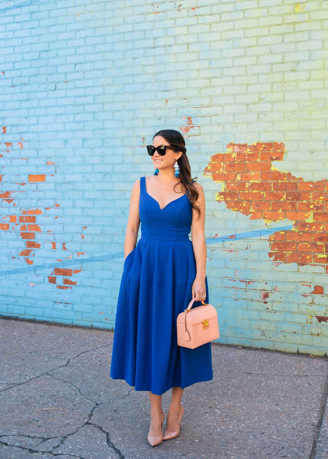 Cobalt Blue Fit and Flare Midi Dress at a Colorful DUMBO Mural