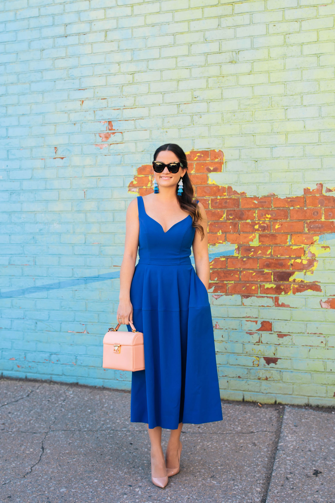 Cobalt Blue Fit and Flare Midi Dress at a Colorful DUMBO Mural