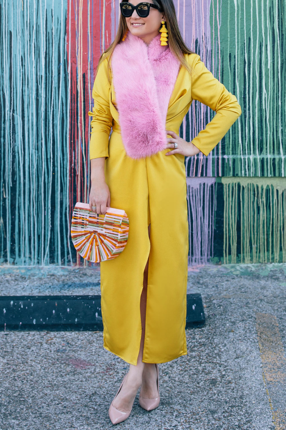 Yellow Satin Midi Dress and a Pink Faux Fur Stole