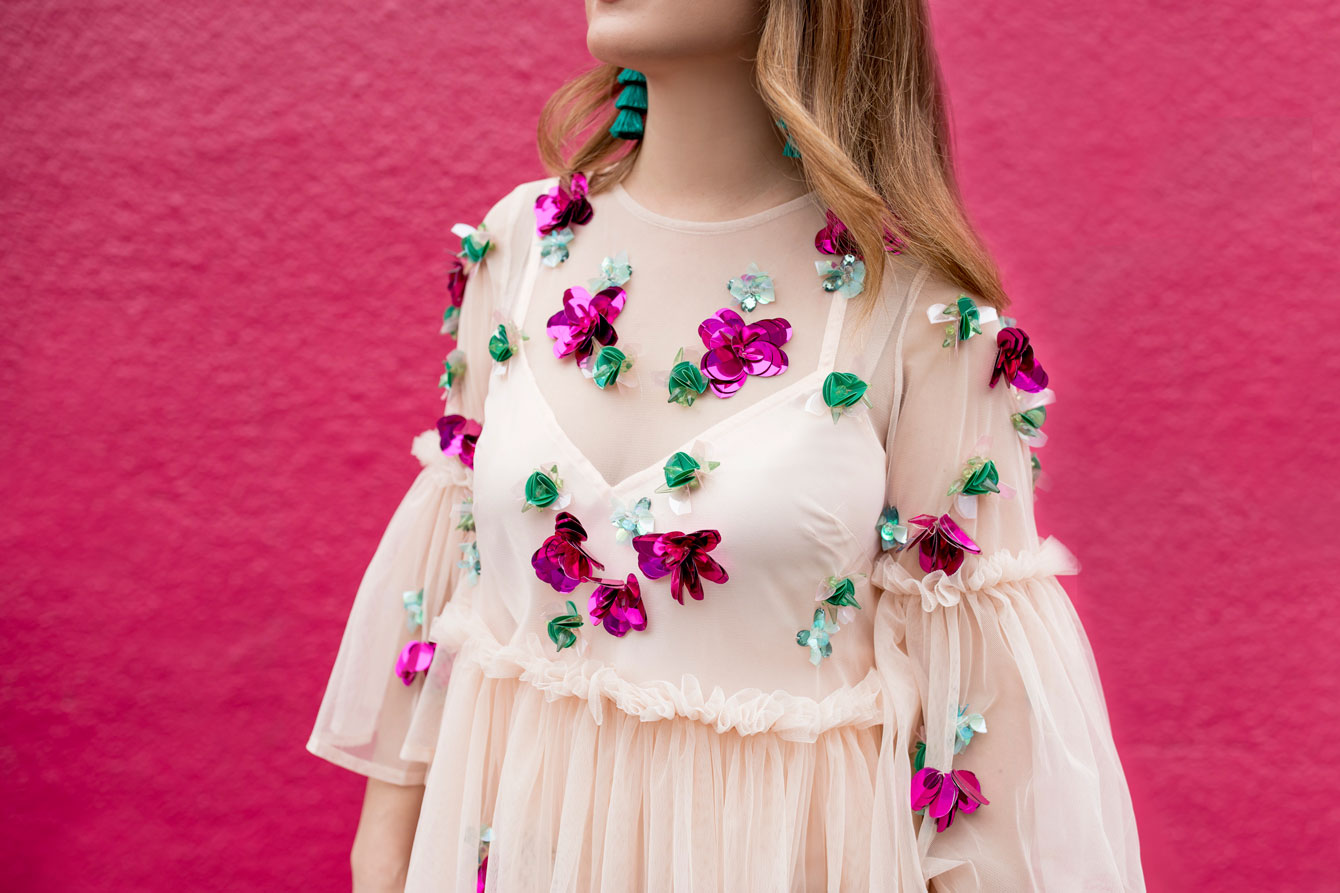 Embellished Mesh Bell Sleeve Mini Dress in Houston