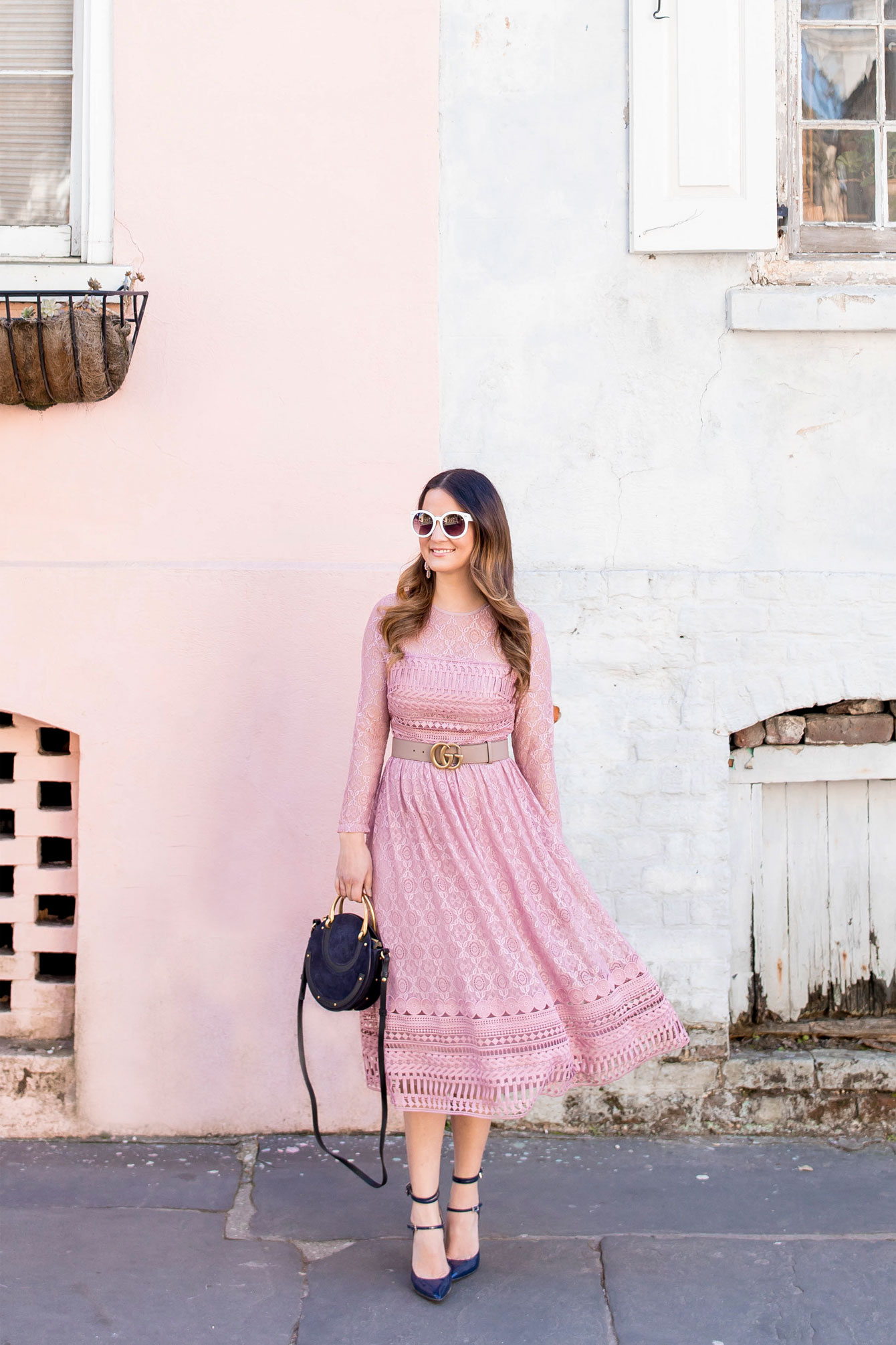 Blush Lace Long Sleeve Midi Dress