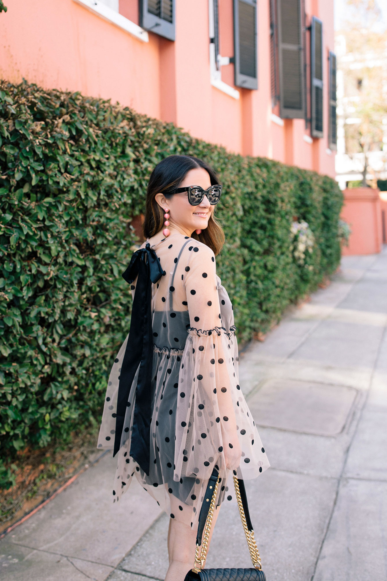 Black Polka Dot Tulle Dress and Chanel Boy Bag in Charleston