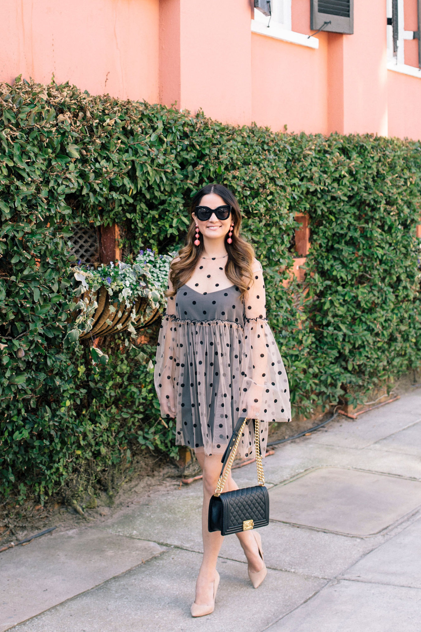 Black Polka Dot Tulle Dress and Chanel Boy Bag in Charleston