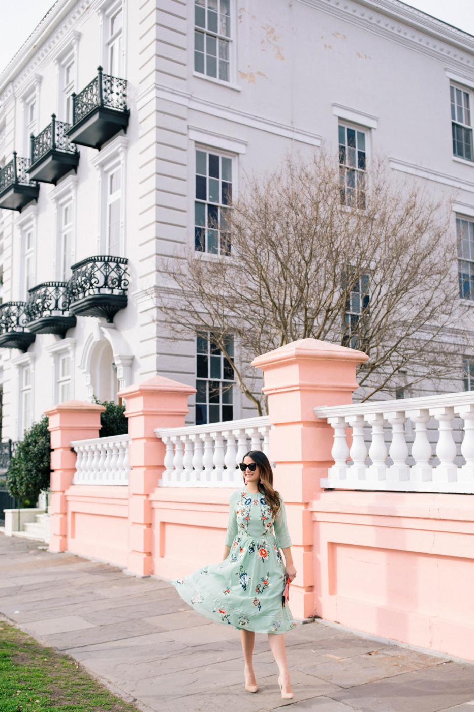 Green Floral Embroidered Midi Dress in Charleston