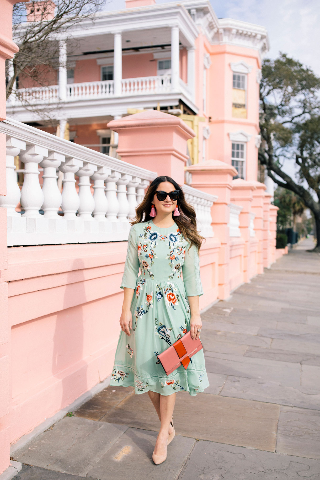 Green Floral Embroidered Midi Dress